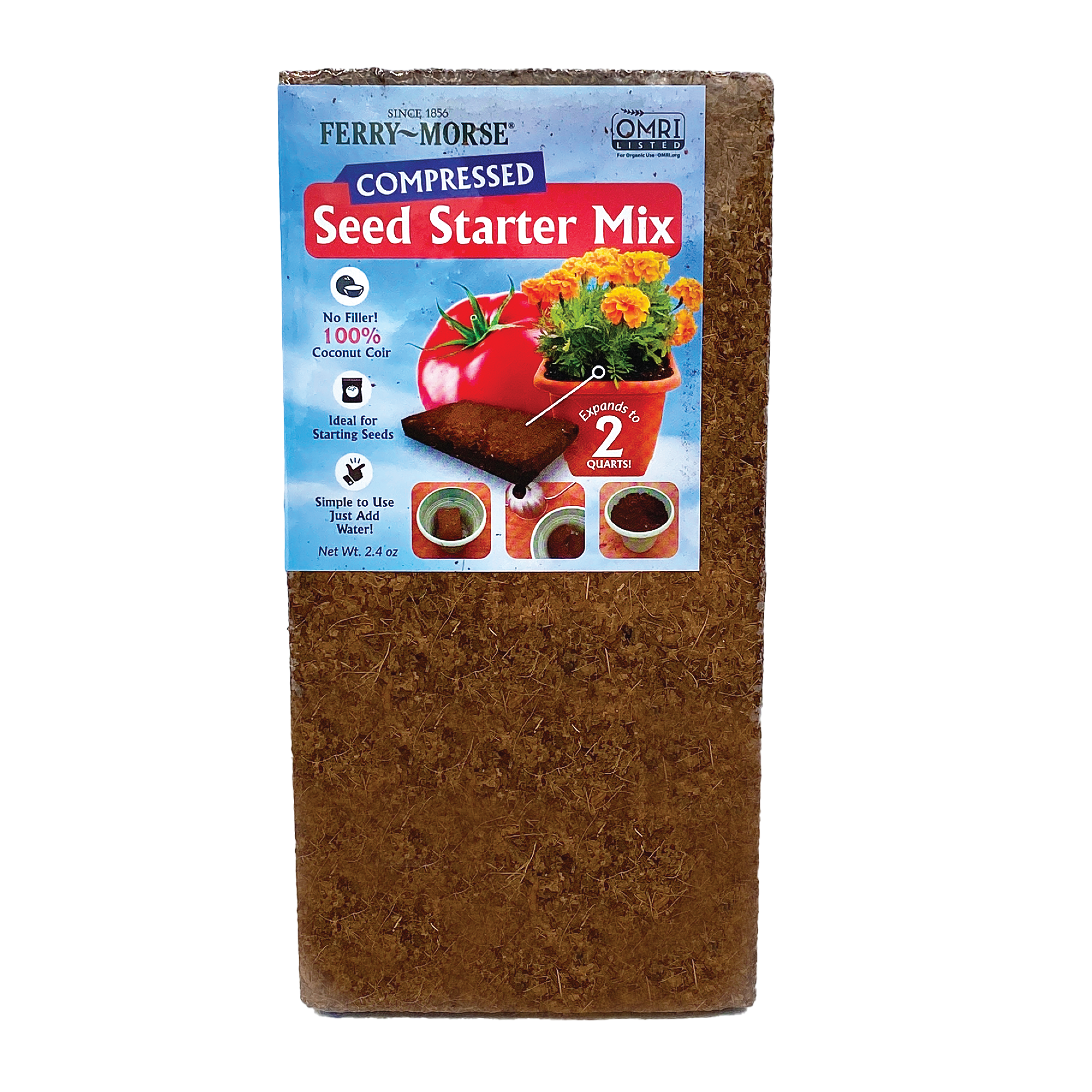 A compressed brick of Ferry-Morse Organic Seed Starter Mix, with packaging showing the product name and images of plants growing.